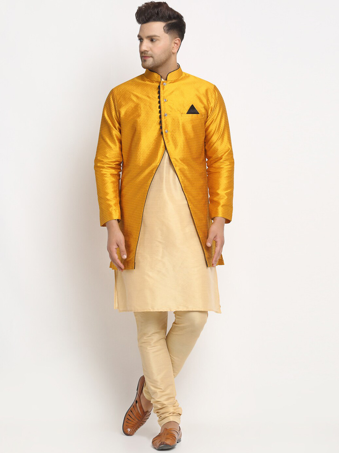 

Benstoke Men Gold-Toned Dupion Silk Kurta Churidar and Jacket Set