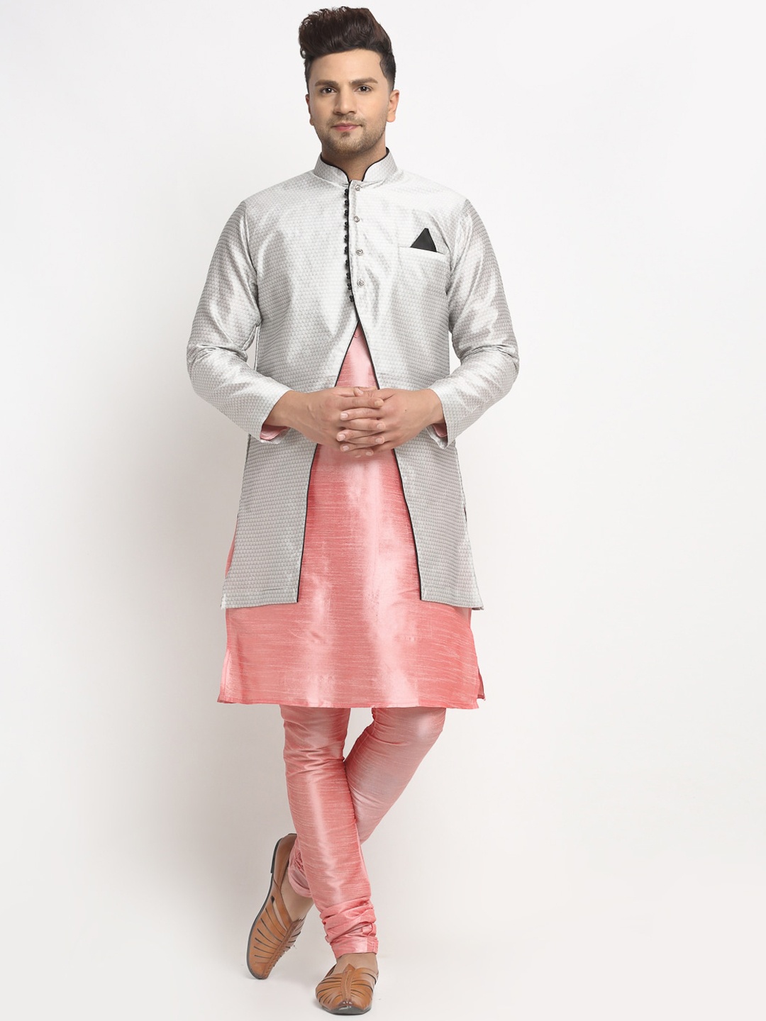 

Benstoke Men Pink Layered Dupion Silk Kurta with Churidar
