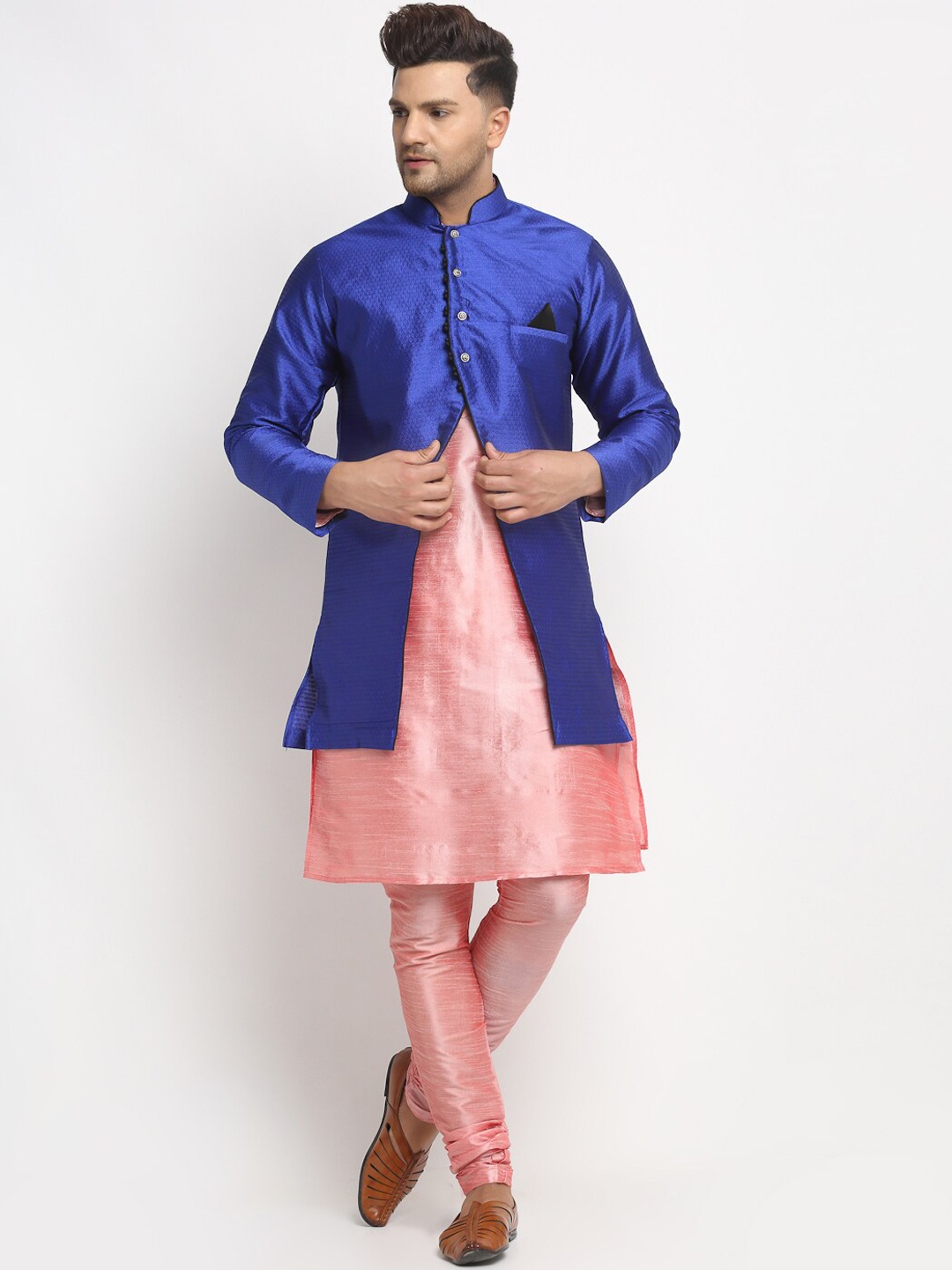 

Benstoke Men Pink & Blue Dupion Silk Kurta with Churidar And Jacket Set