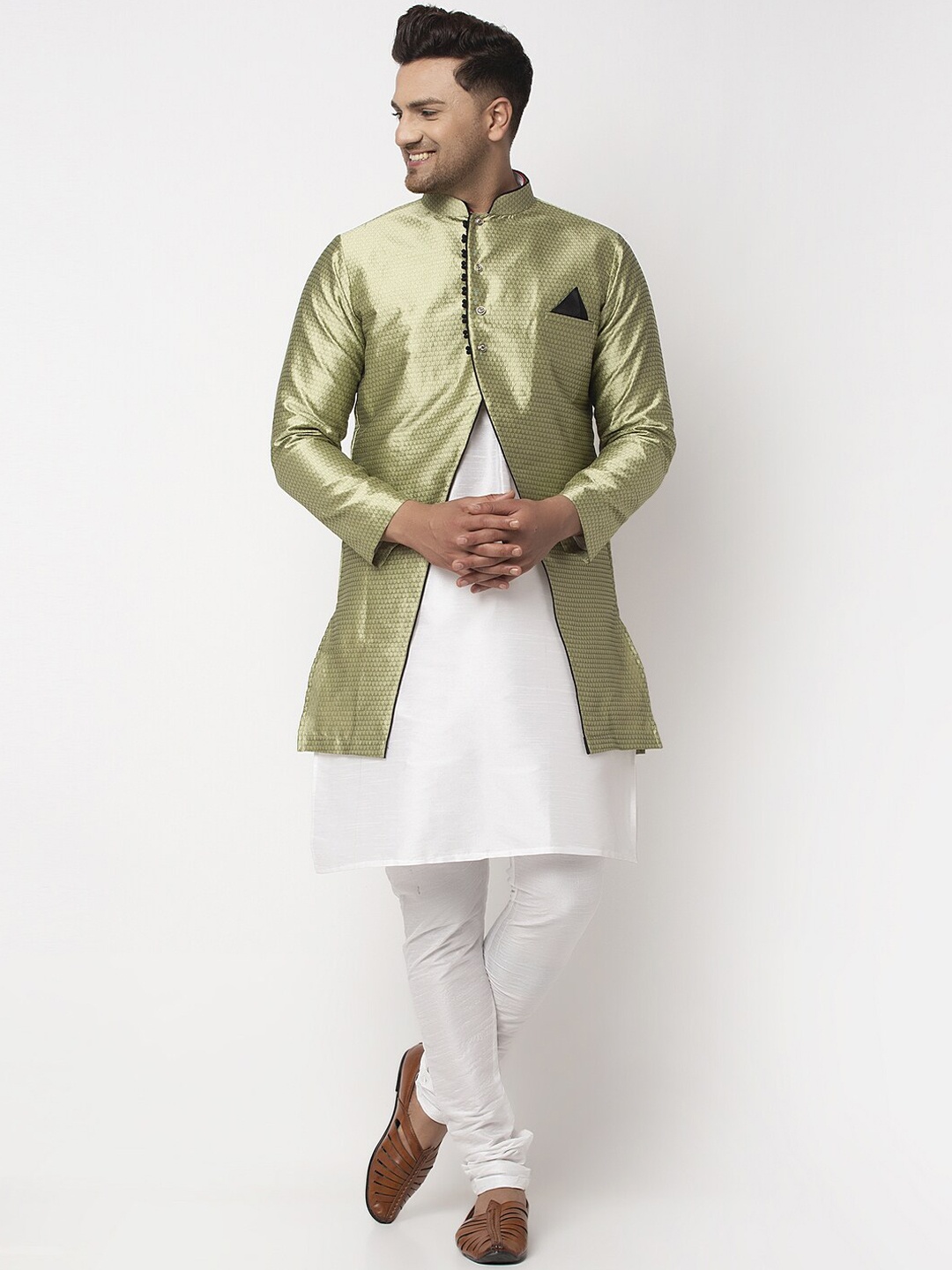 

Benstoke Men White Dupion Silk Kurta with Trousers