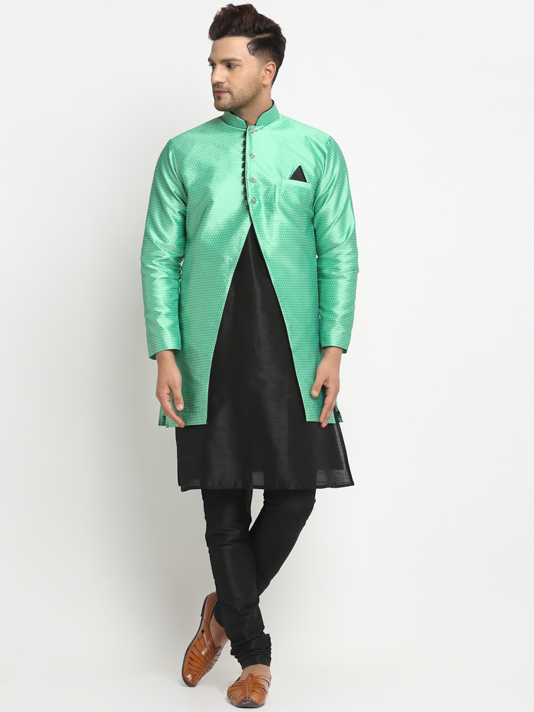 

Benstoke Men Black Dupion Silk Kurta Pyjama And High Slit Jacket Set