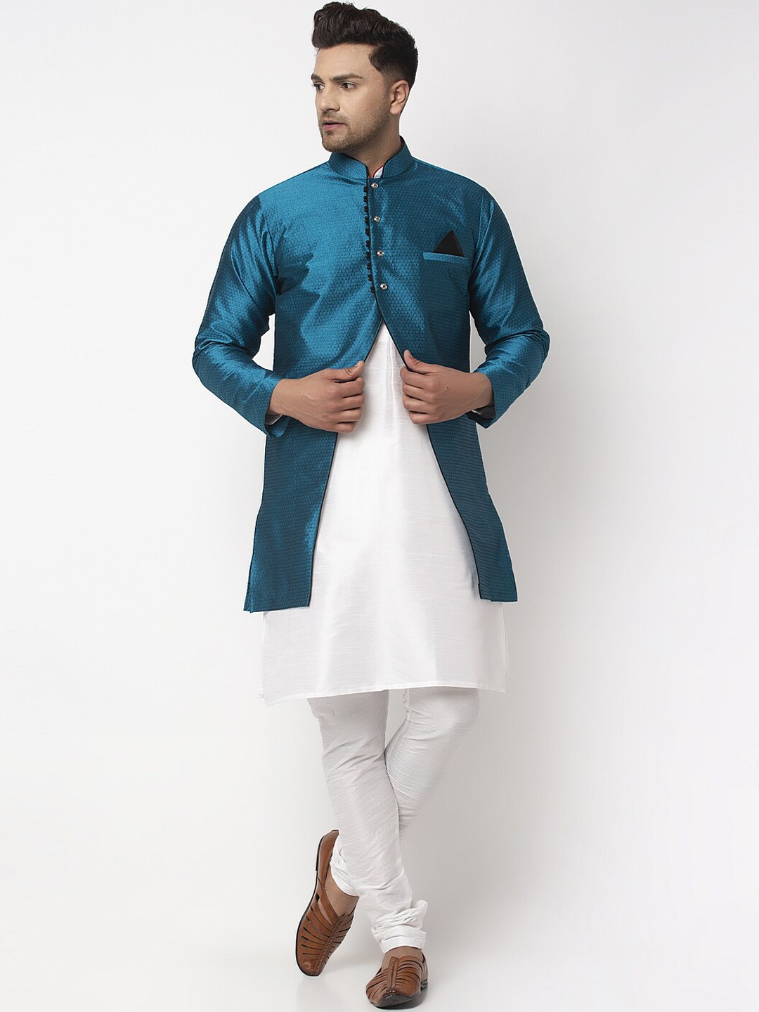 

Benstoke Men White Layered Dupion Silk Kurta with Churidar