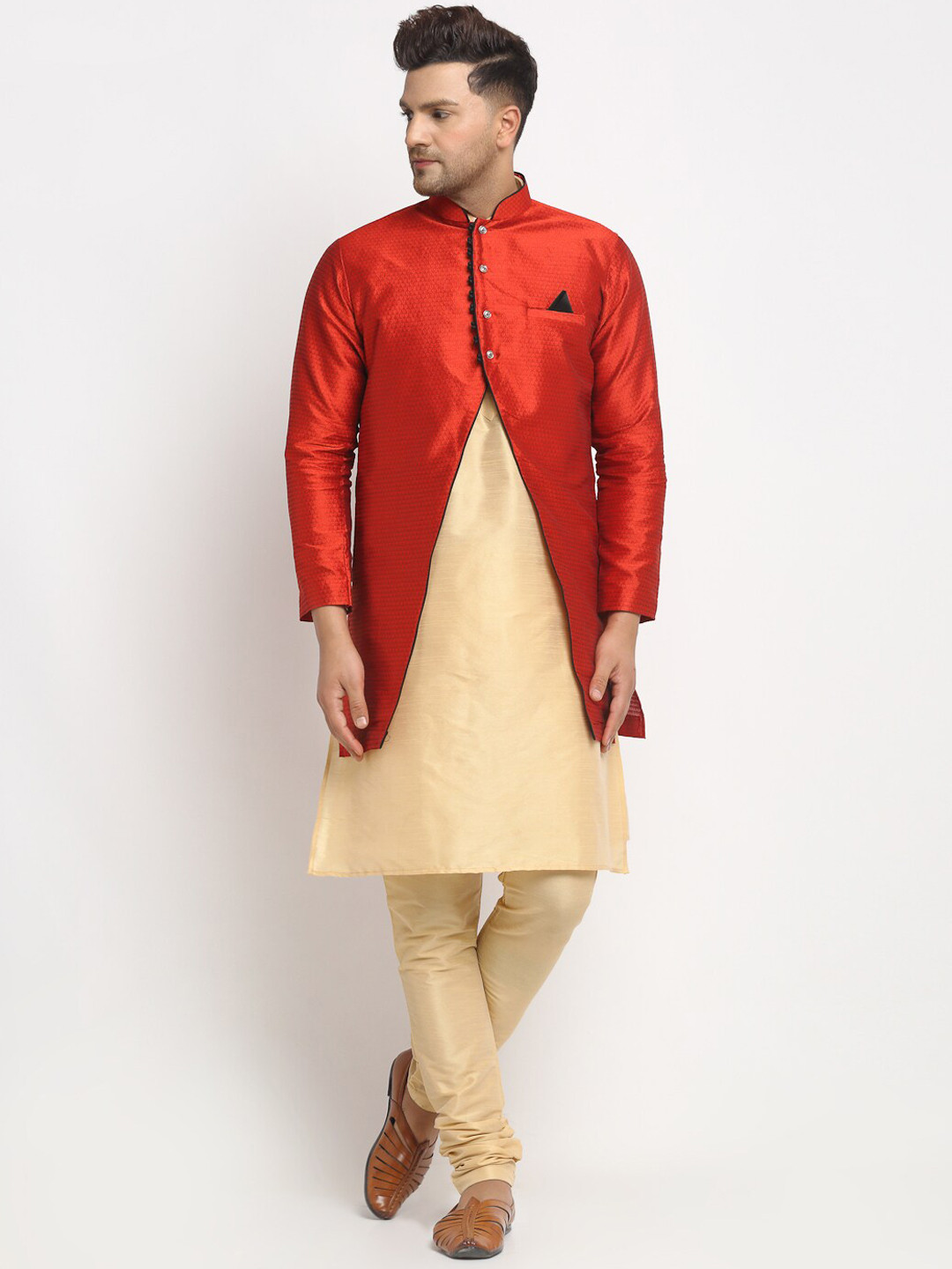 

Benstoke Men Gold-Toned Dupion Silk Kurta with Churidar