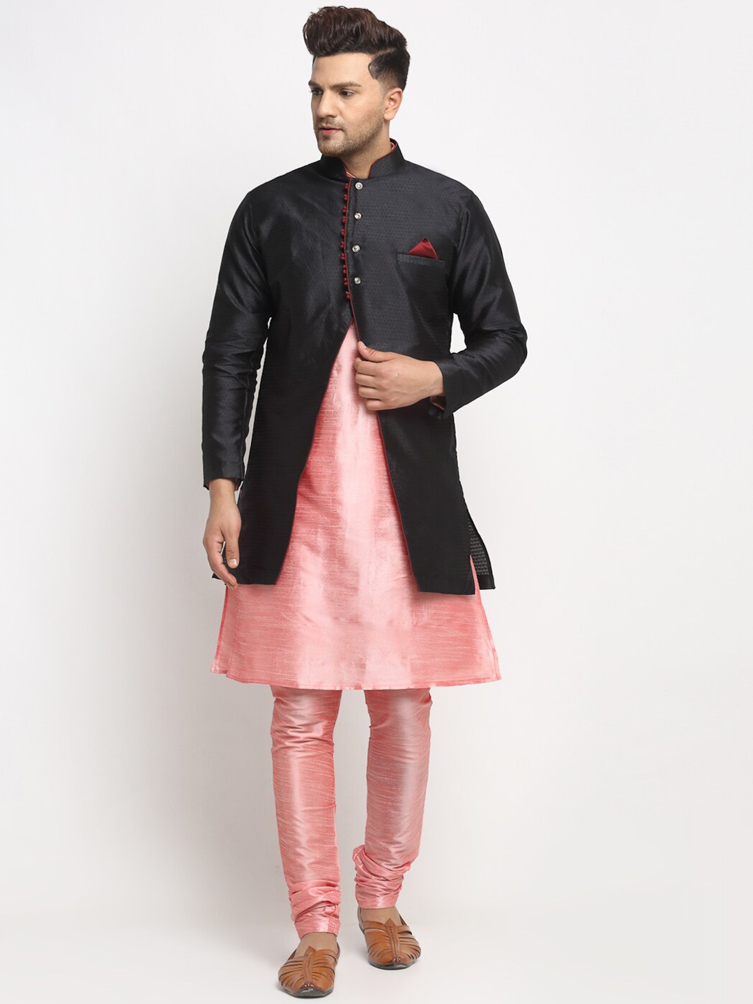 

Benstoke Men Pink Dupion Silk Kurta with Churidar & Jacket