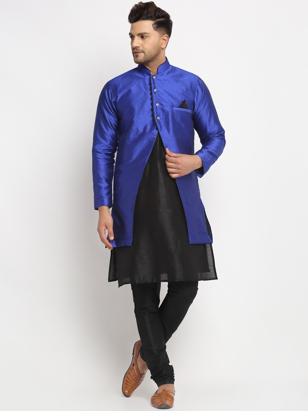 

Benstoke Men Black Dupion Silk Kurta With Churidar And Jacket