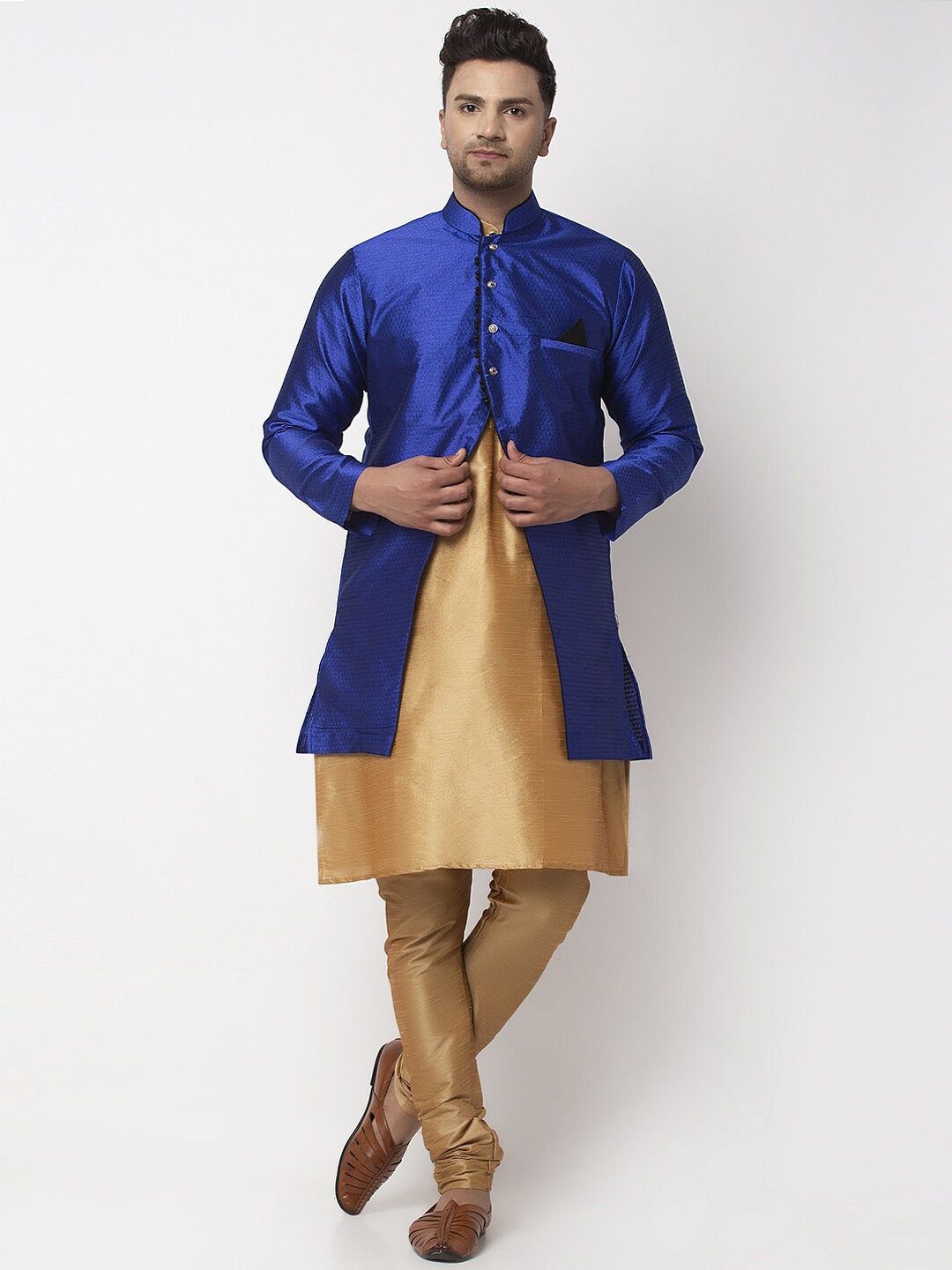 

Benstoke Men Copper-Toned Dupion Silk Kurta with Churidar & Jacket