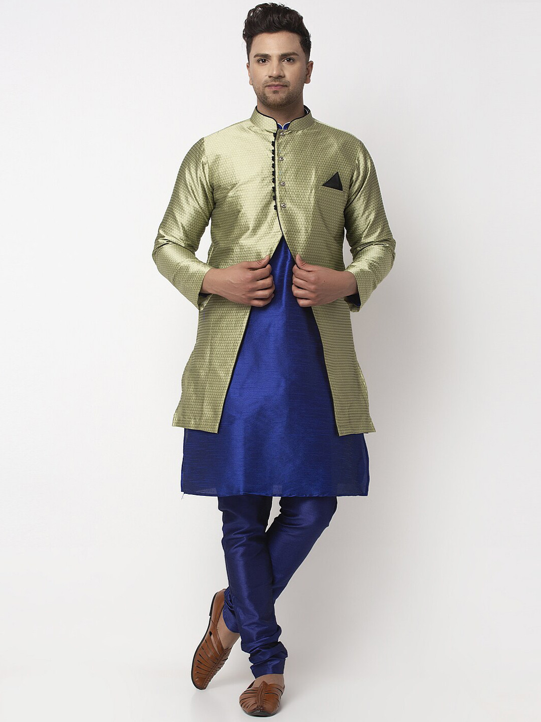 

Benstoke Men Blue Dupion Silk Kurta with Churidar and Jacket