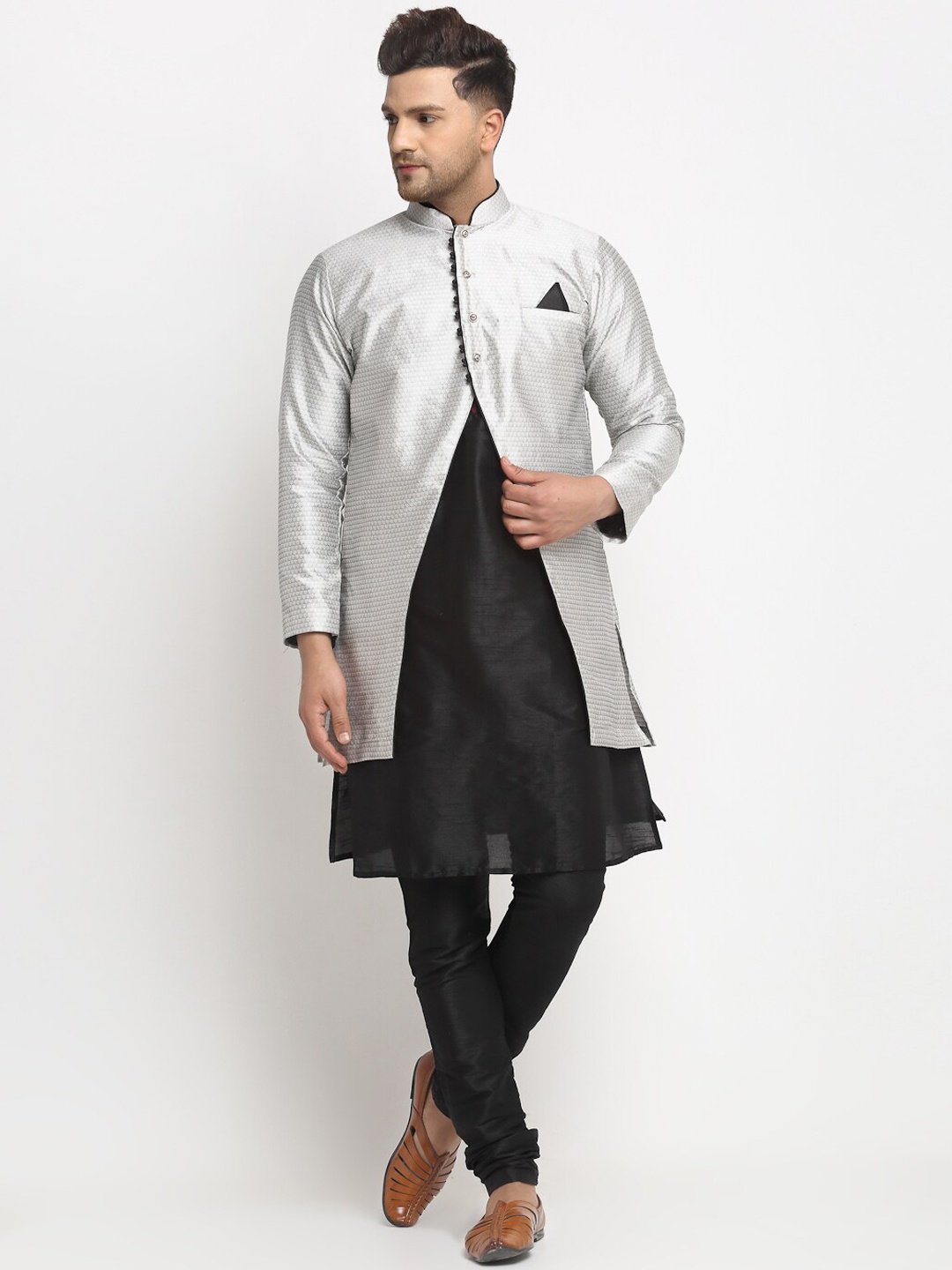 

Benstoke Men Black Dupion Silk Kurta Pajama And High Slit Jacket Set
