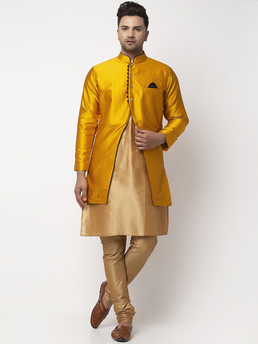 

Benstoke Men Copper-Toned Layered Dupion Silk Kurta with Churidar