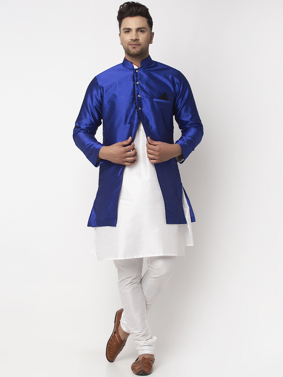 

Benstoke Men White Dupion Silk Kurta with Pyjamas with Jacket
