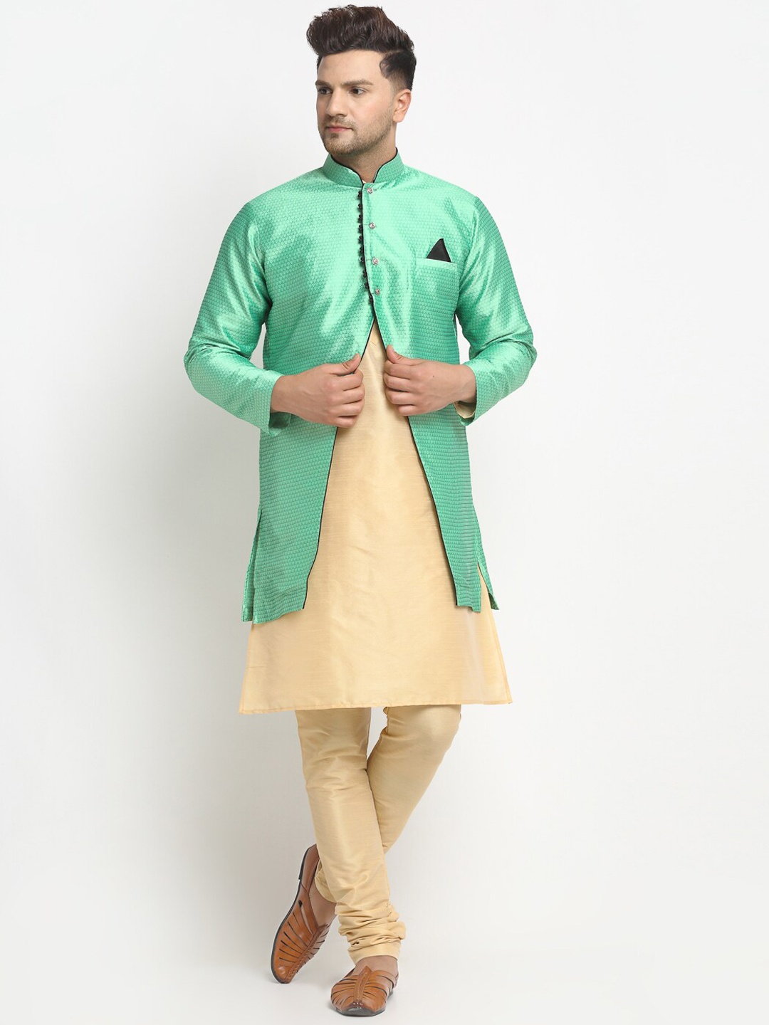 

Benstoke Men Gold-Toned Dupion Silk Kurta with Churidar