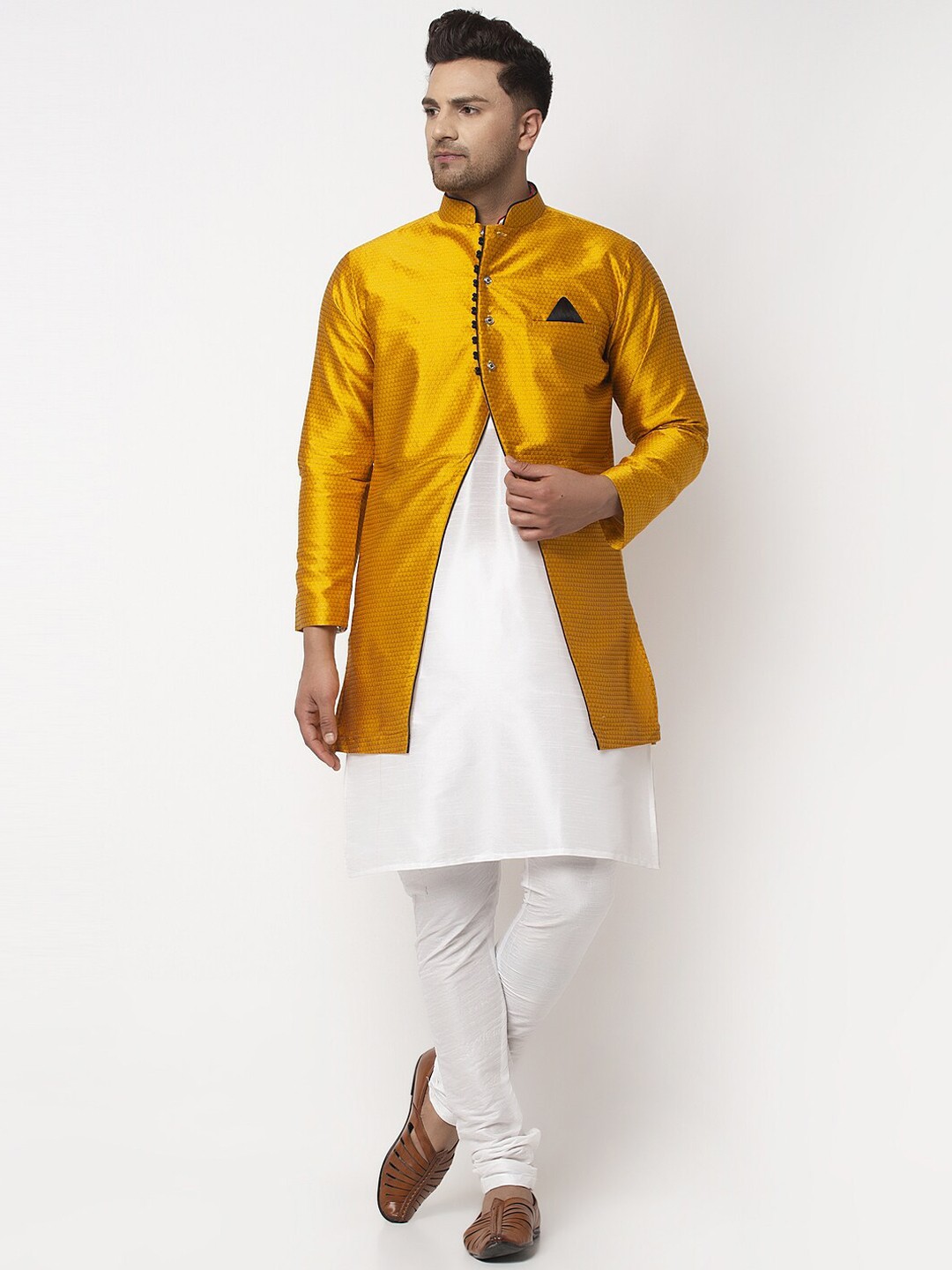 

Benstoke Men White Dupion Silk Kurta With Churidar And Jacket