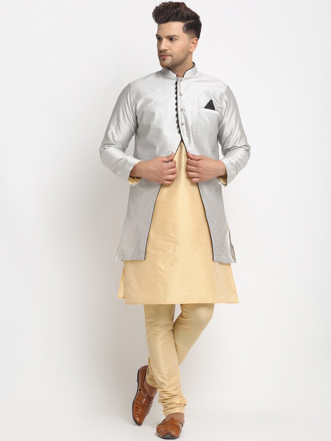 

Benstoke Men Gold-Toned Angrakha Dupion Silk Kurta with Churidar & Jacket