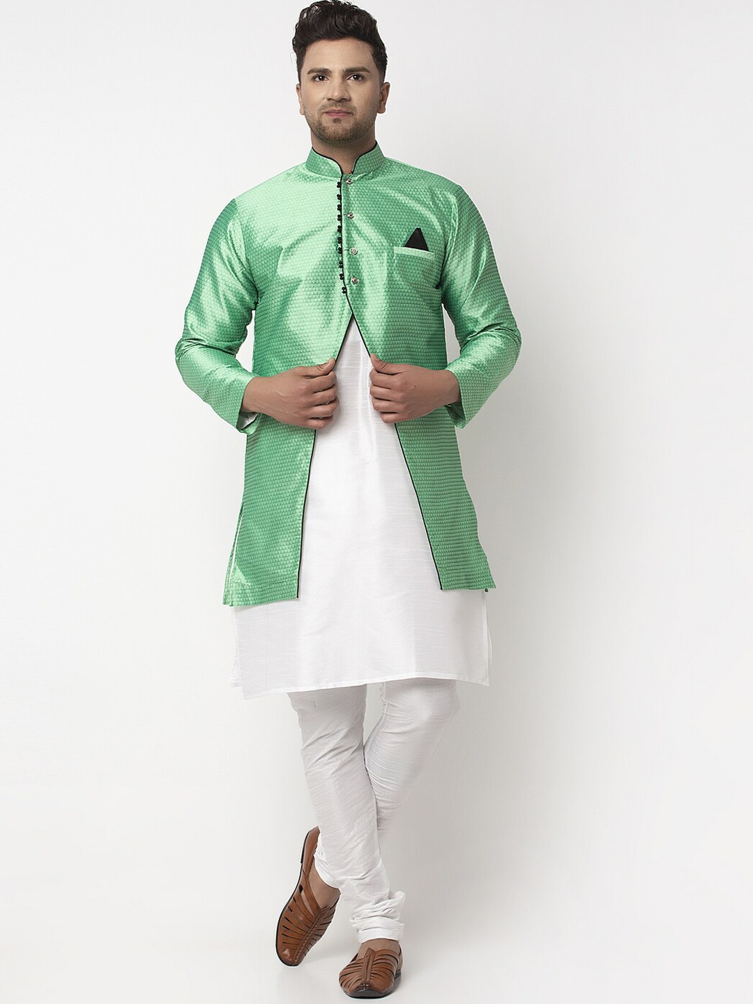 

Benstoke Men White Dupion Silk Kurta with Churidar and Jacket