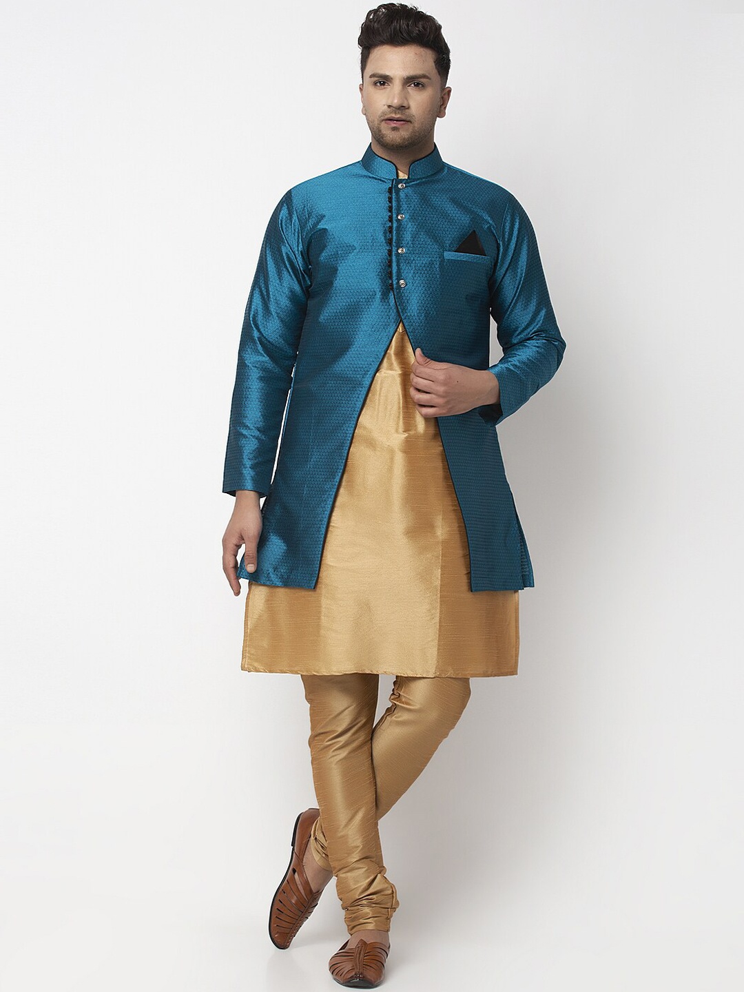 

Benstoke Men Copper-Toned & Blue Dupion Silk Kurta Churidar & Jacket Set