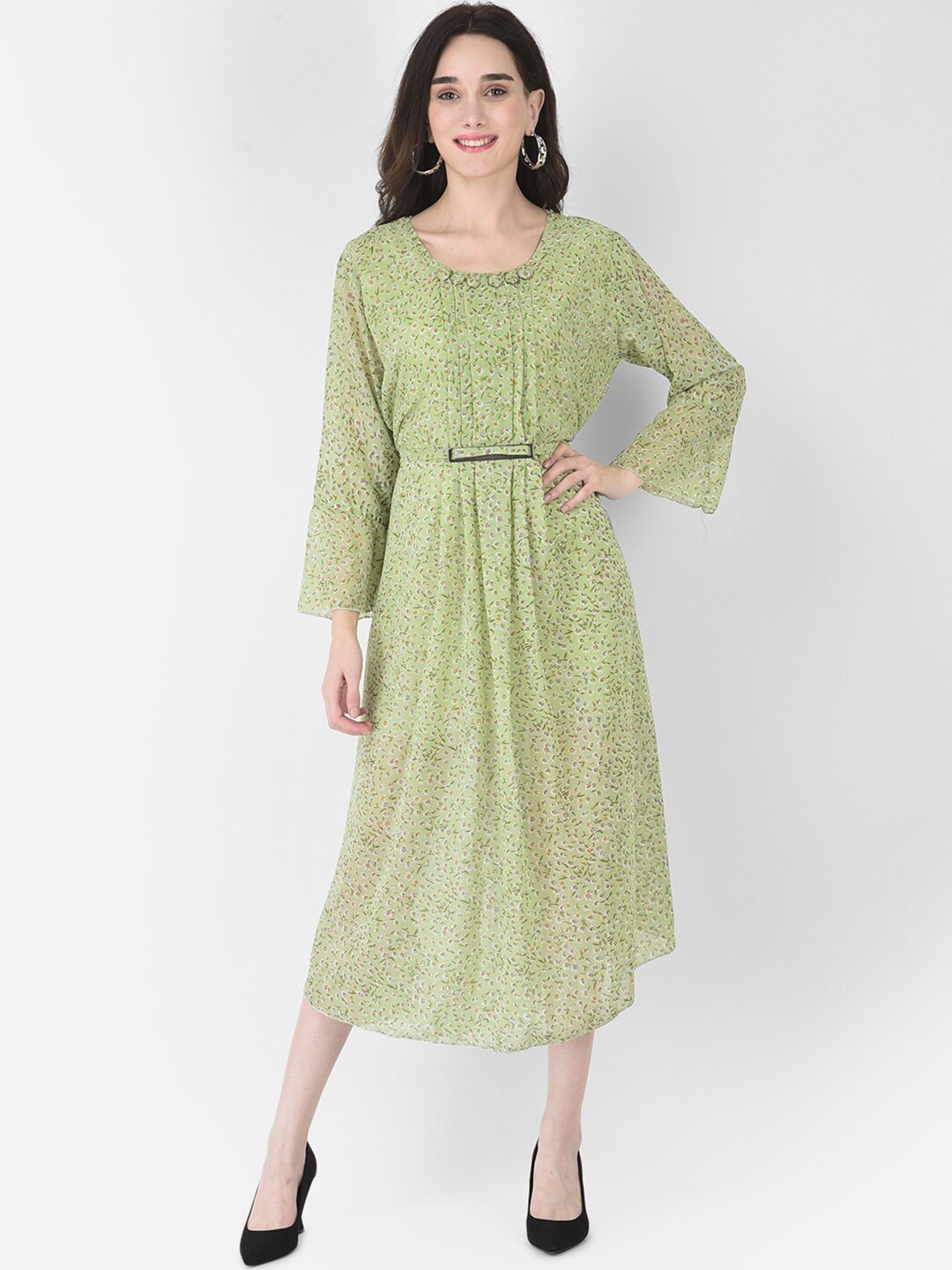

FNOCKS Green Floral Georgette Midi Dress