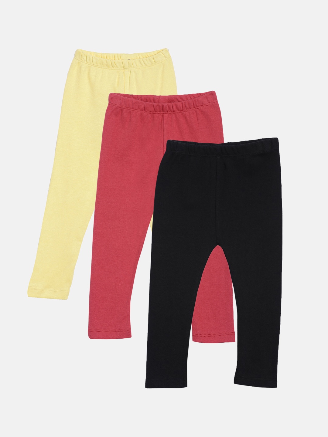 

Kryptic Girls Pack of 3 Pure Cotton Pink Yellow and Black Solid Ankle-Length Leggings