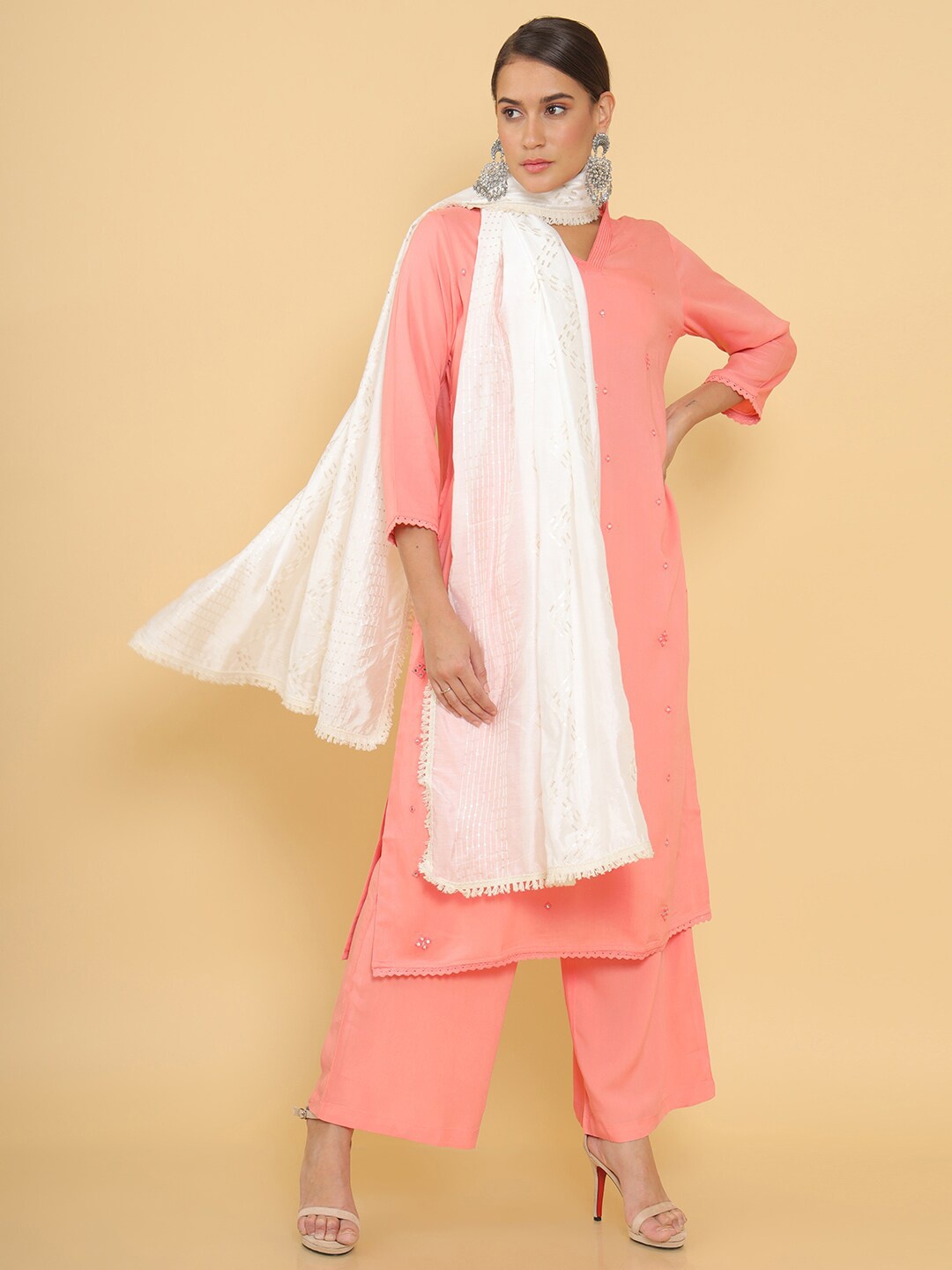 

Soch White & Gold-Toned Embroidered Dupatta with Sequinned