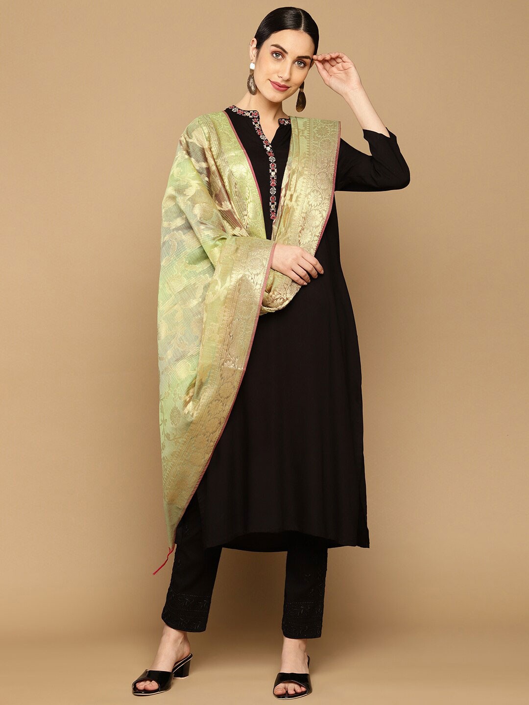 

Soch Green & Gold-Toned Embroidered Art Silk Dupatta
