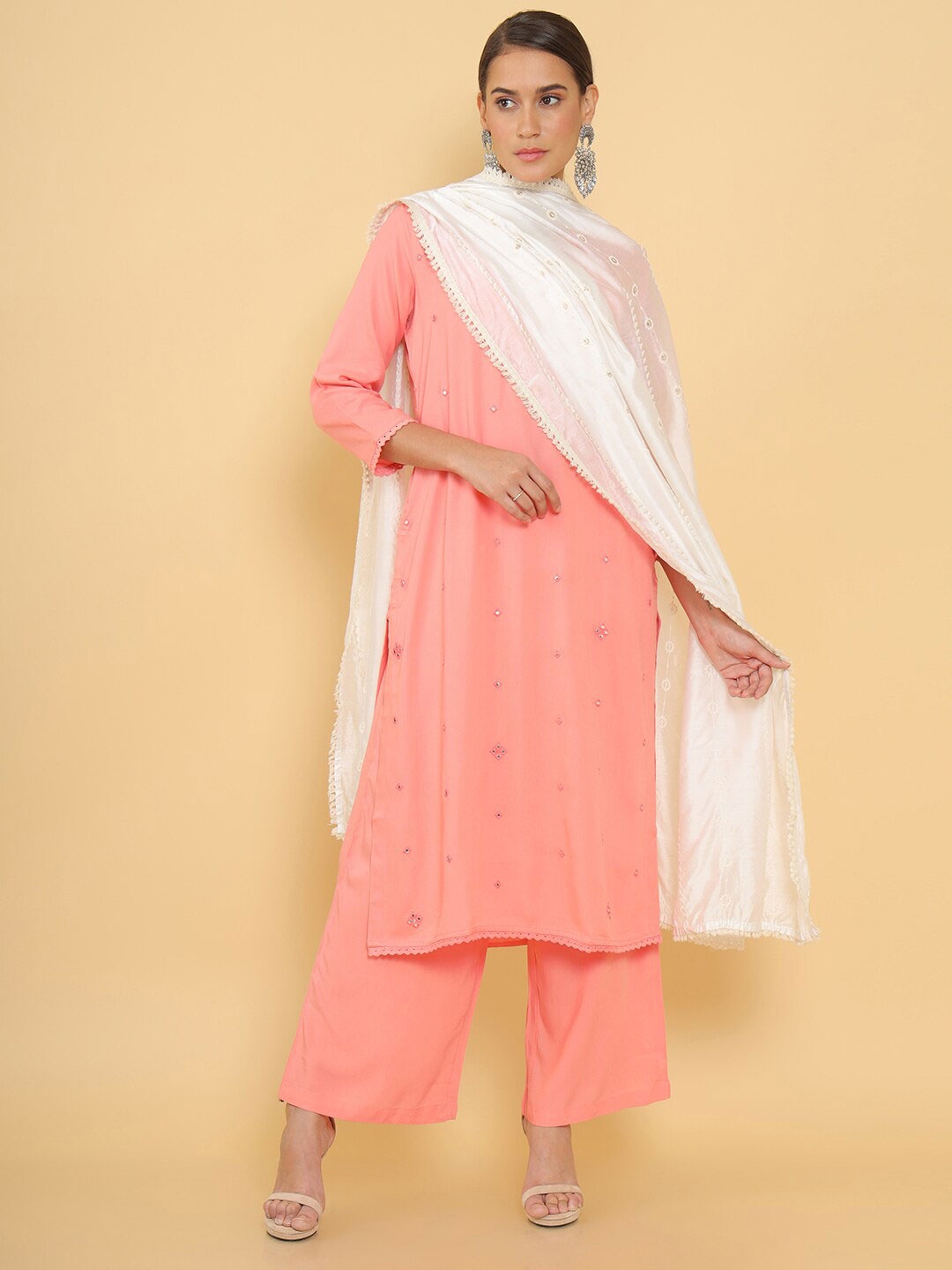 

Soch White Embroidered Dupatta with Sequinned