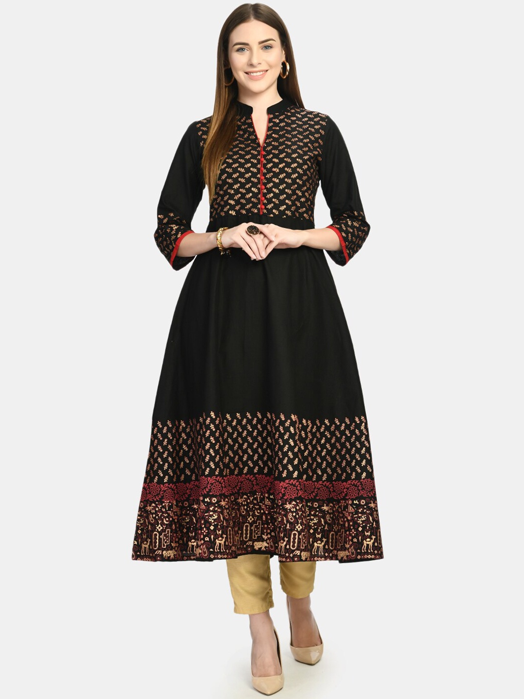 

Akshatani Women Black Ethnic Motifs Yoke Design Block Print Anarkali Kurta