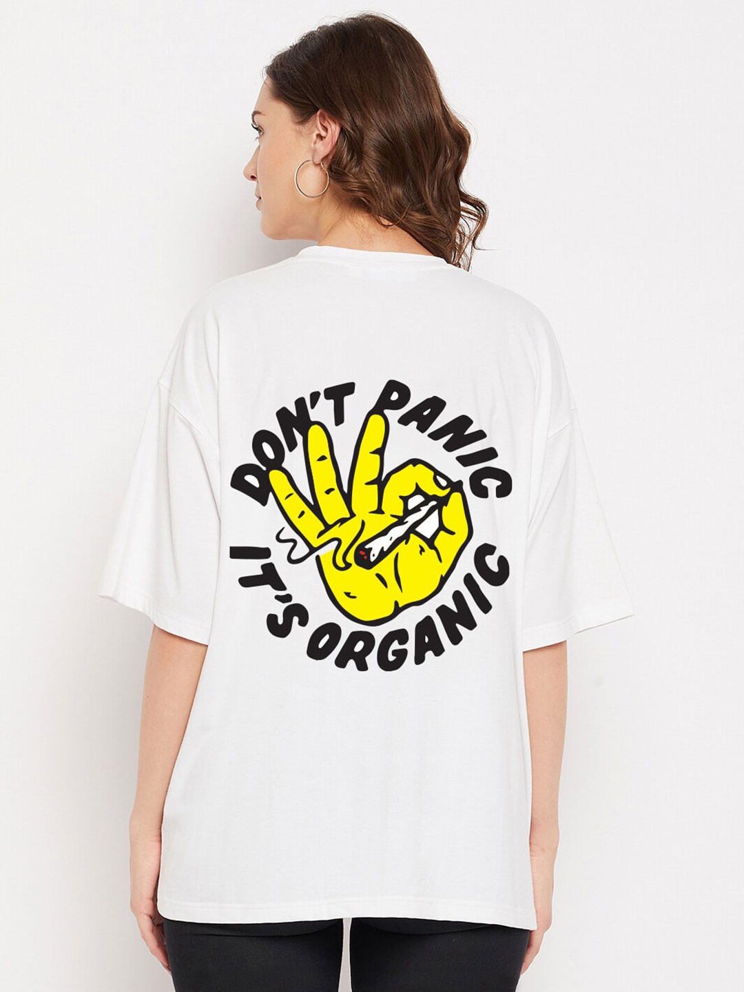 

FRENCH FLEXIOUS Women White & Yellow Henley Neck Applique Oversized T-shirt