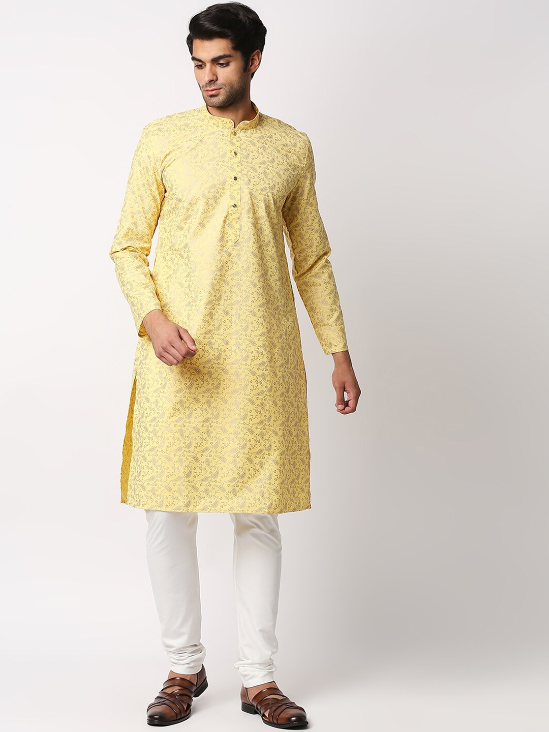 

MEWAR Men Yellow Thread Work Kurta