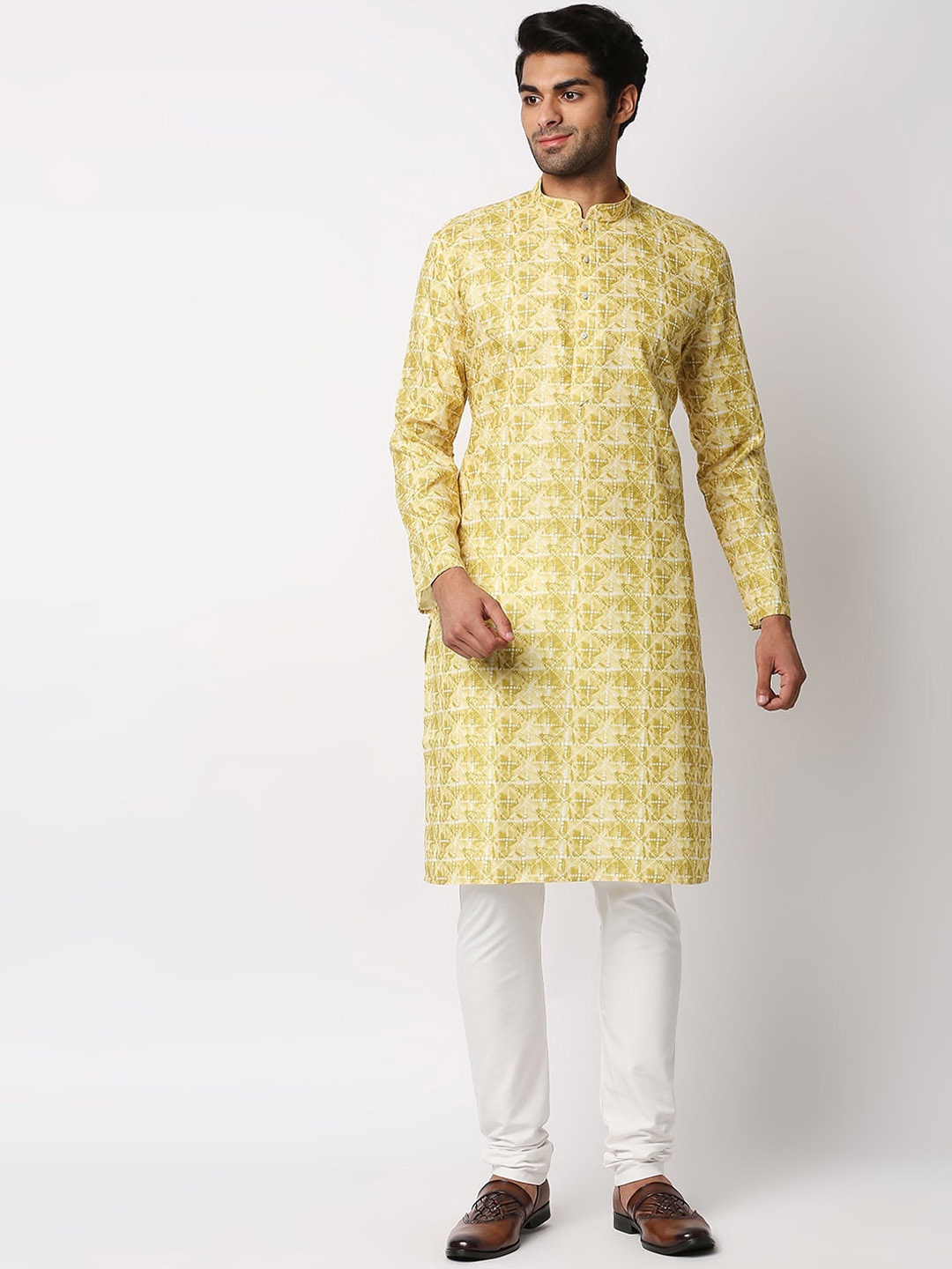 

MEWAR Men Yellow Thread Work Kurta