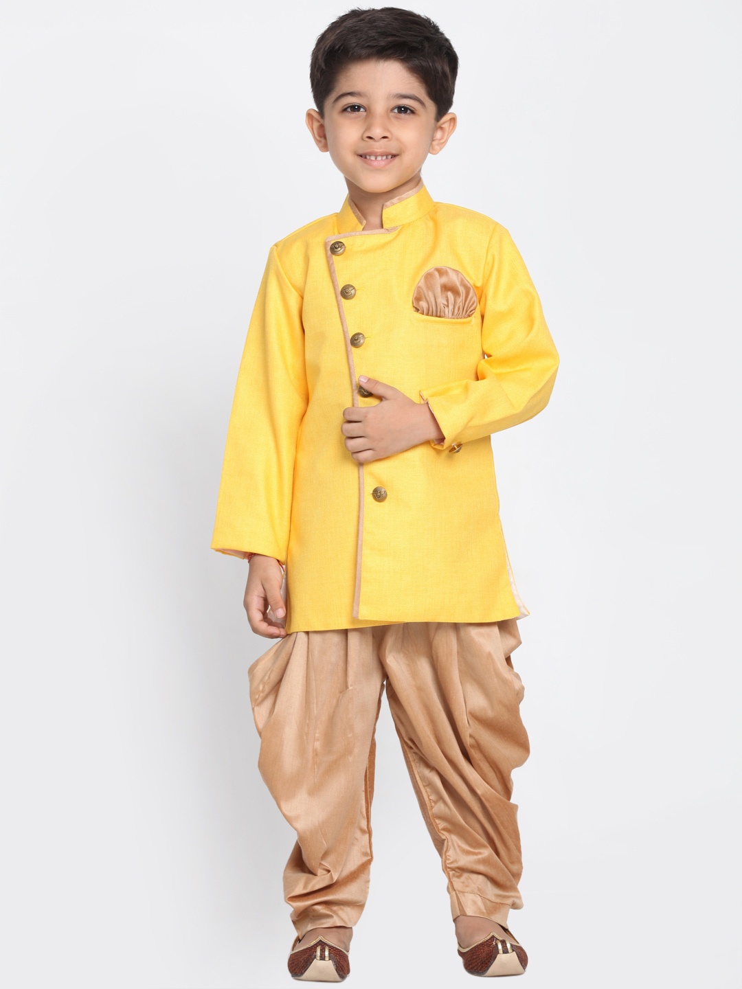 

JBN Creation Boys Yellow & Rose Gold-Coloured Sherwani & Dhoti Set