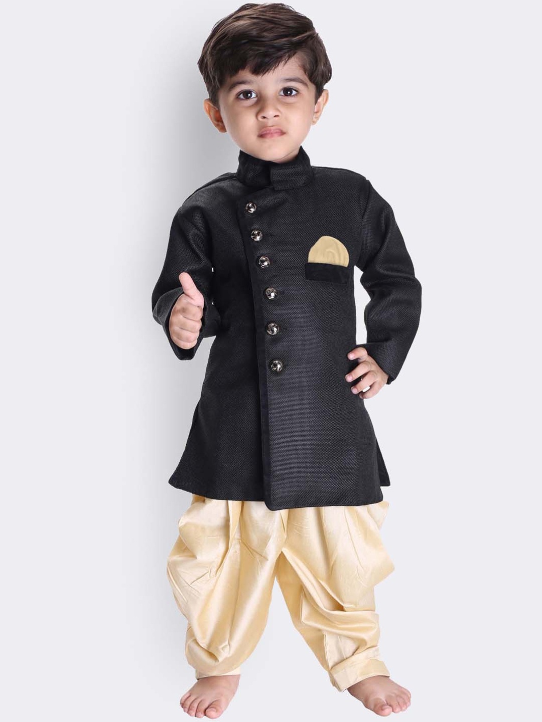 

JBN Creation Boys Black & Gold Solid Sherwani and Dhoti Set