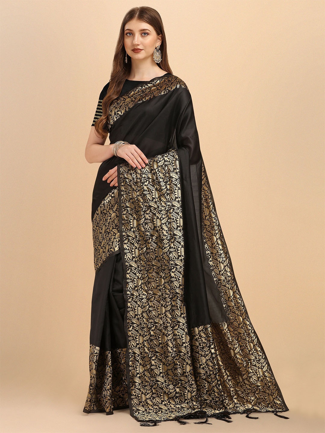 

Fashion Booms Black & Gold-Toned Woven Design Zari Pure Silk Kanjeevaram Saree