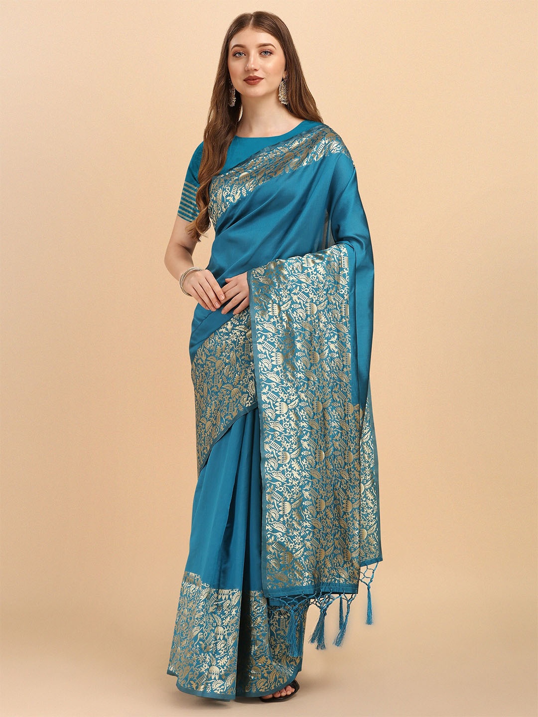 

Fashion Booms Blue Woven Design Zari Pure Silk Kanjeevaram Saree