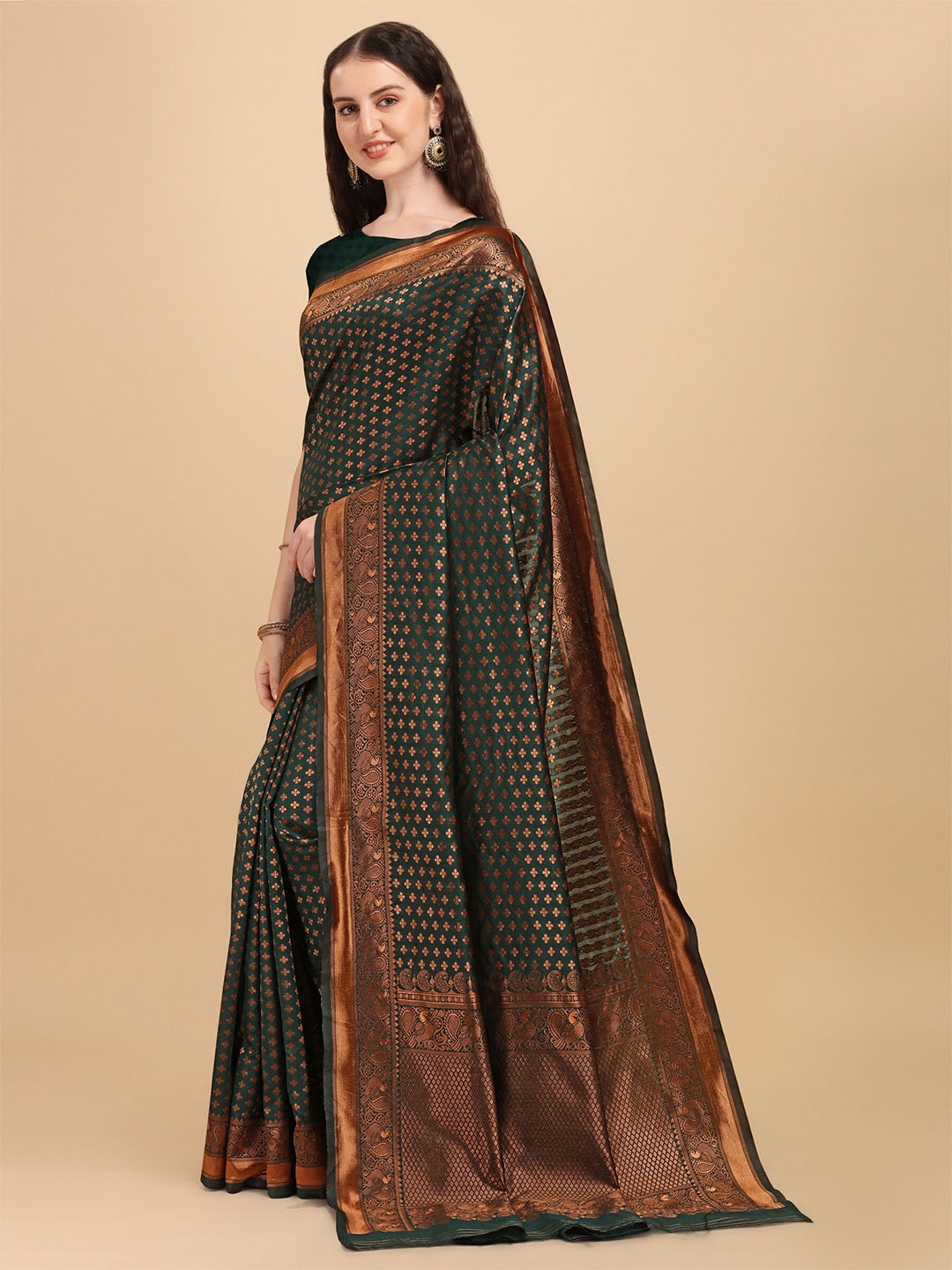 

Fashion Booms Green & Copper-Toned Ethnic Motifs Zari Pure Silk Kanjeevaram Saree