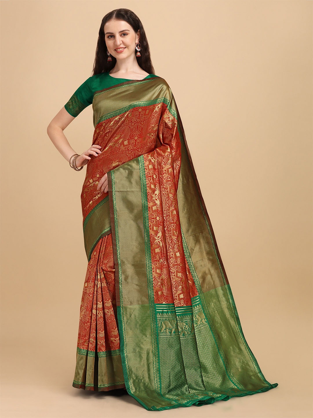 

Fashion Booms Red & Green Ethnic Motifs Zari Pure Silk Kanjeevaram Saree