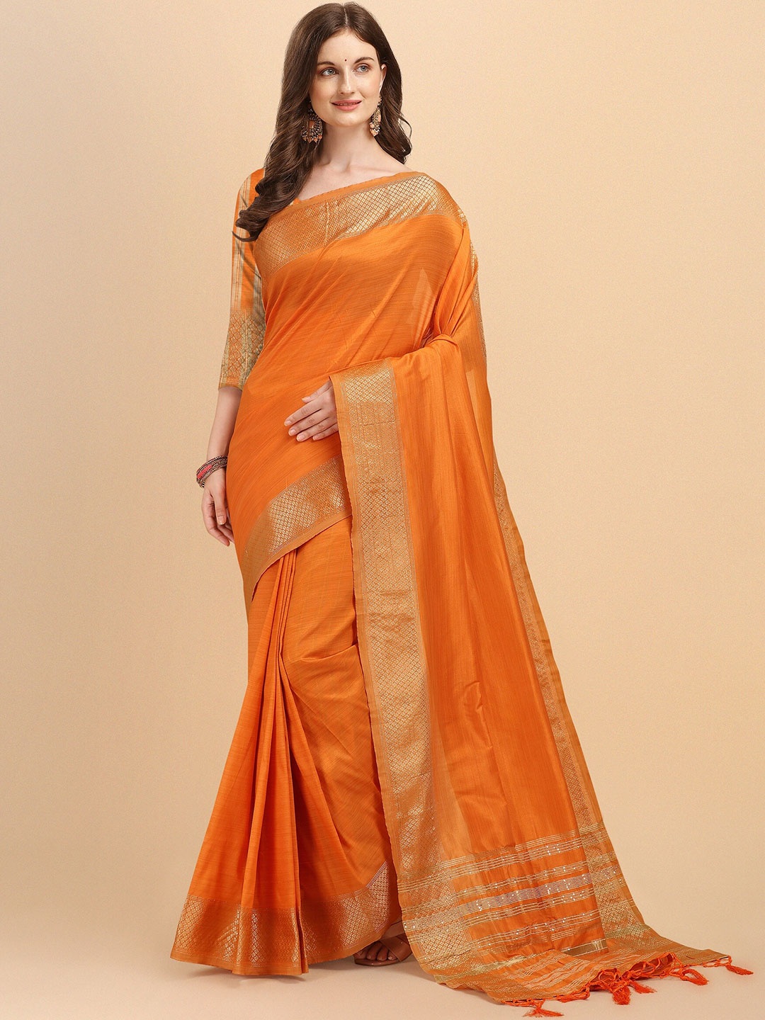 

Fashion Booms Orange & Gold-Toned Zari Pure Silk Kanjeevaram Saree