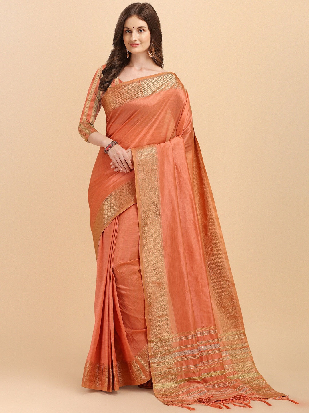 

Fashion Booms Women Peach-Coloured Woven Design Zari Pure Silk Kanjeevaram Saree