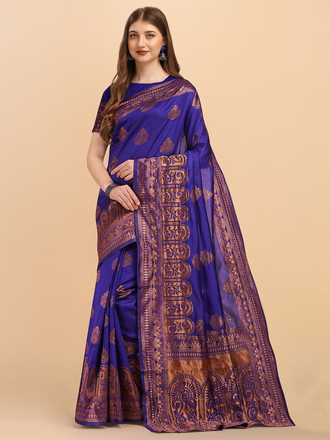 

Fashion Booms Blue & Copper-Toned Floral Zari Pure Silk Kanjeevaram Saree