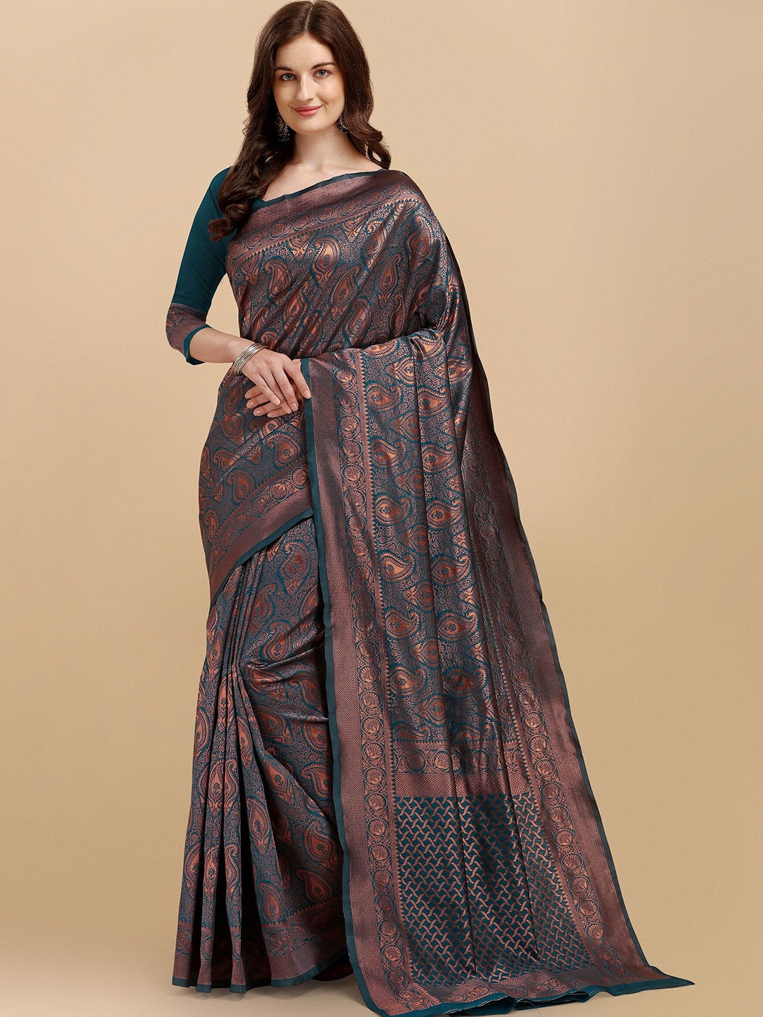 

Fashion Booms Teal & Copper-Toned Zari Pure Silk Kanjeevaram Saree