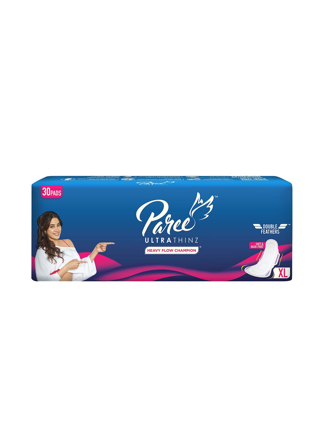 

Paree Ultra Thinz Soft & Rash Free Double Feathers Heavy Flow XL Sanitary Pads - 30 Pads, Blue