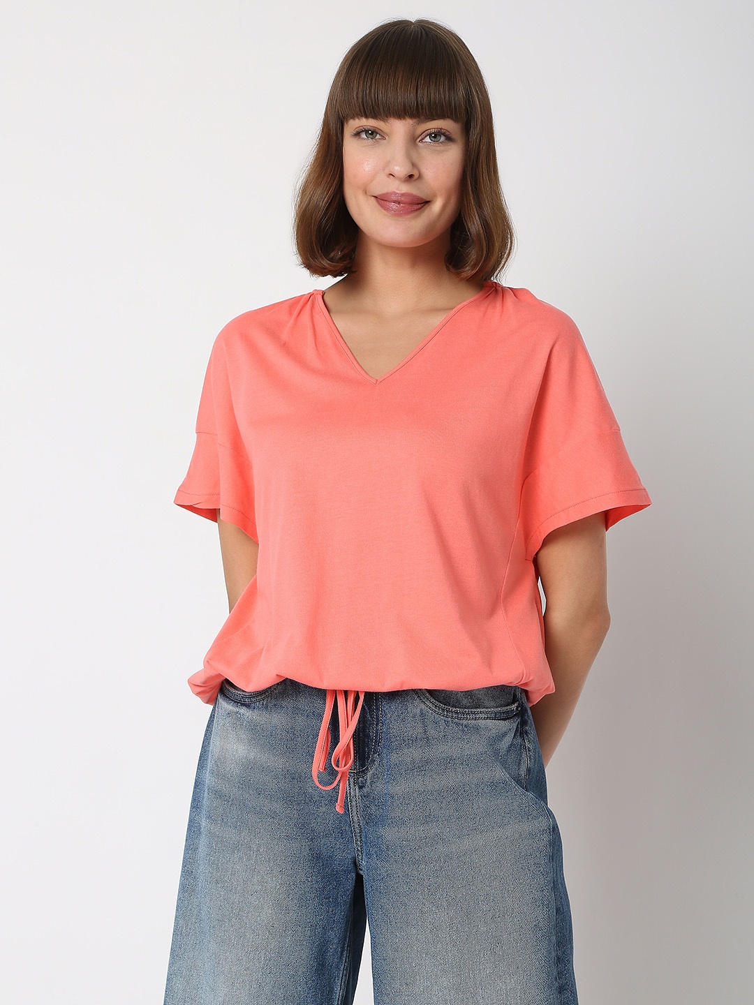 

Vero Moda Women Orange V-Neck Drop-Shoulder Sleeves T-shirt