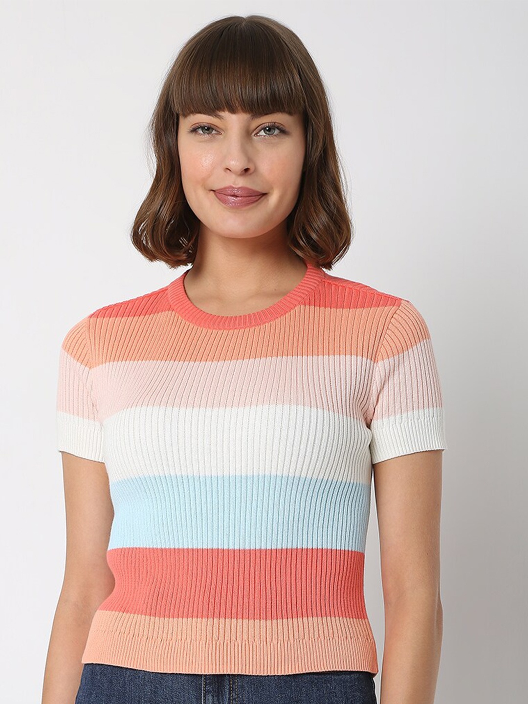 

Vero Moda Women Multicoloured & star white Striped Extended Sleeves T-shirt, Multi