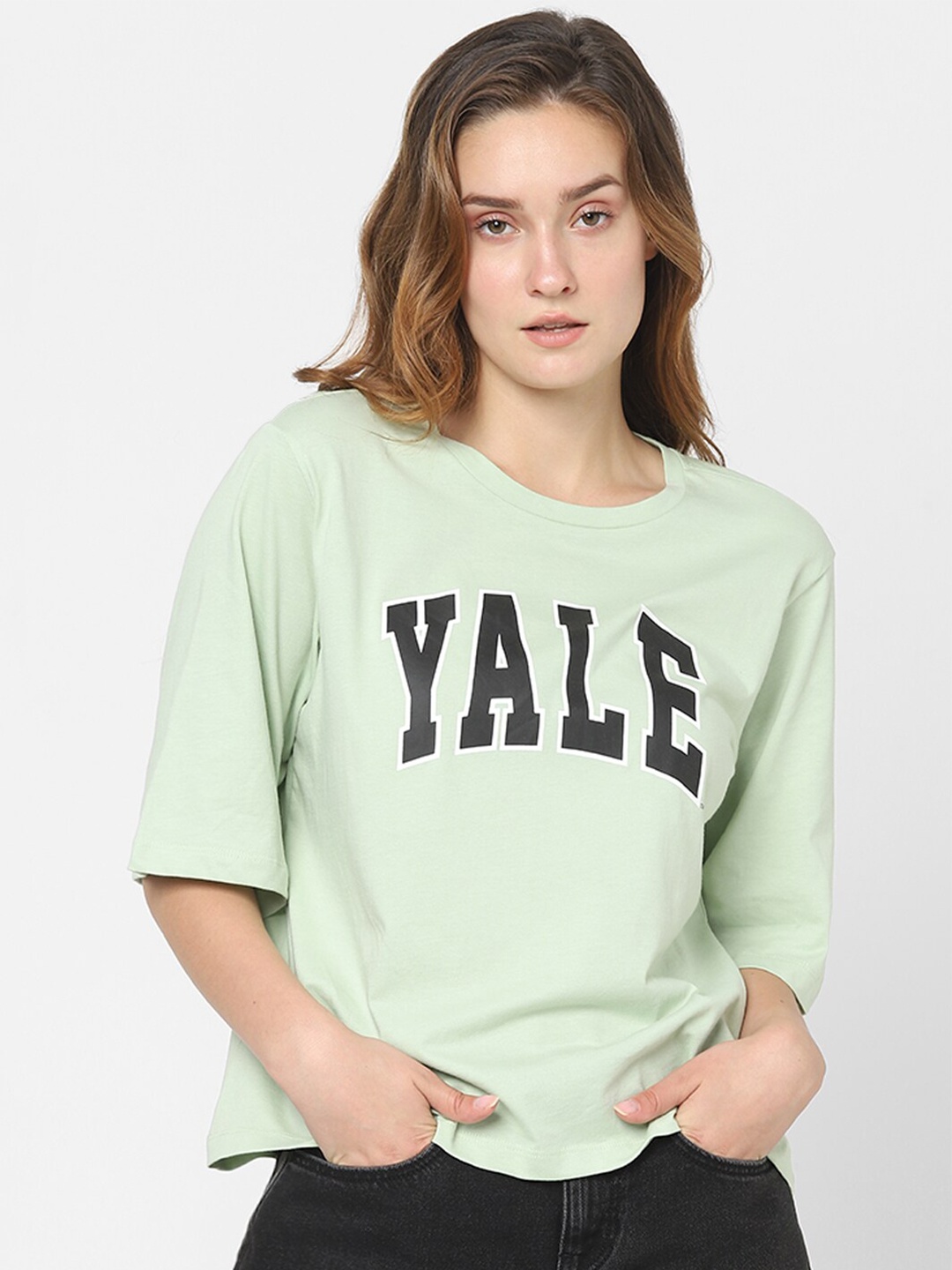 

Vero Moda Women Green & ice Typography Drop-Shoulder Sleeves T-shirt