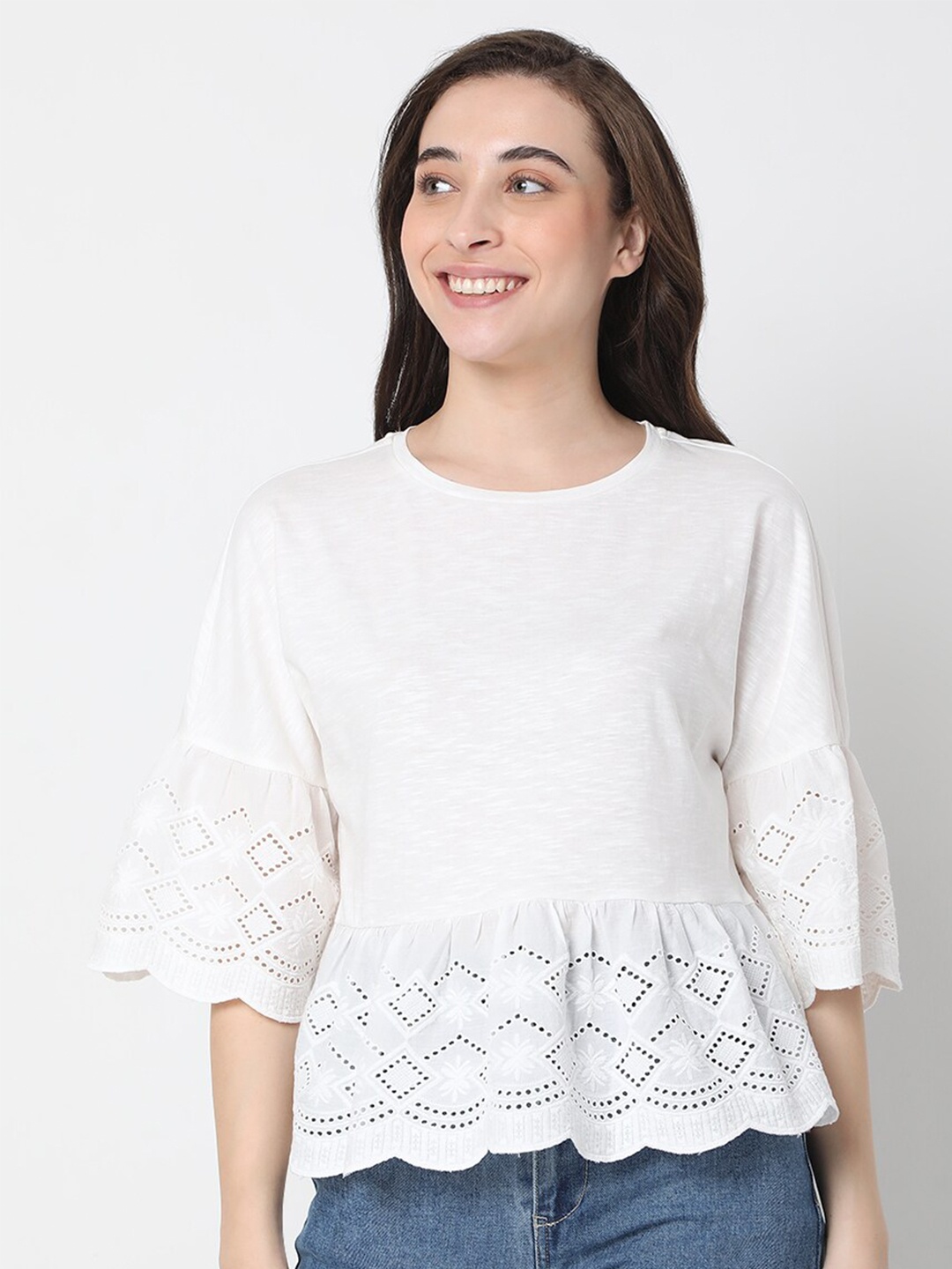 

Vero Moda Women White & bright white Drop-Shoulder Sleeves Raw Edge T-shirt