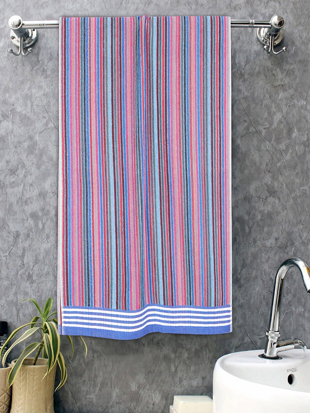 

ROMEE Set Of 2 Blue & Pink 500 GSM Striped Cotton Bath Towel