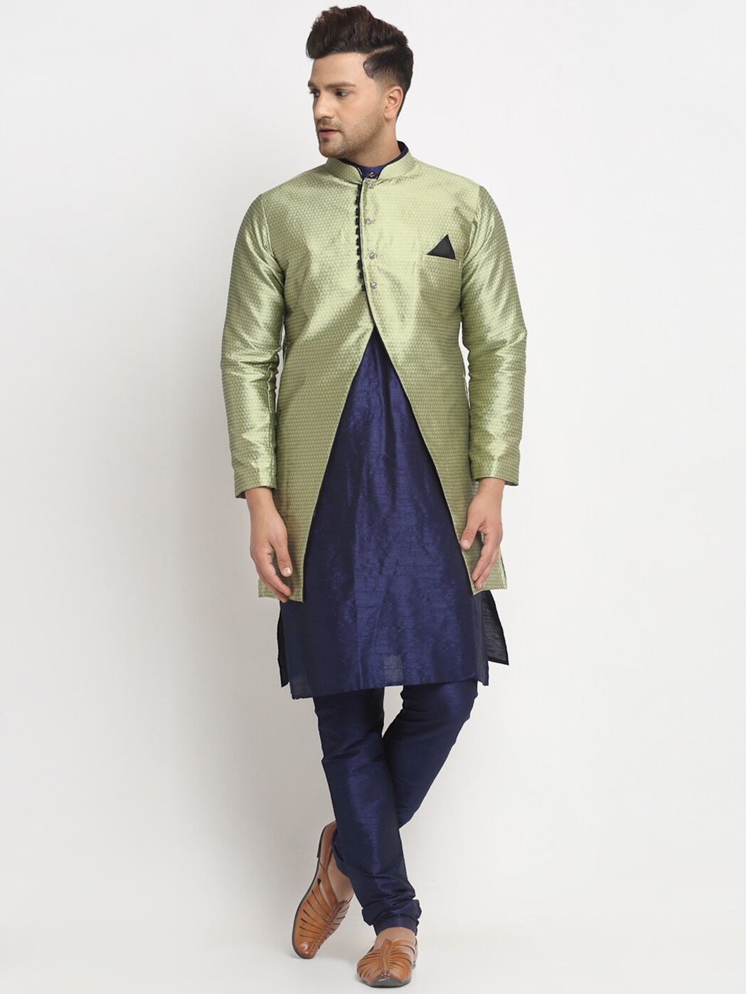 

Benstoke Men Navy Blue Dupion Silk Kurta with Churidar