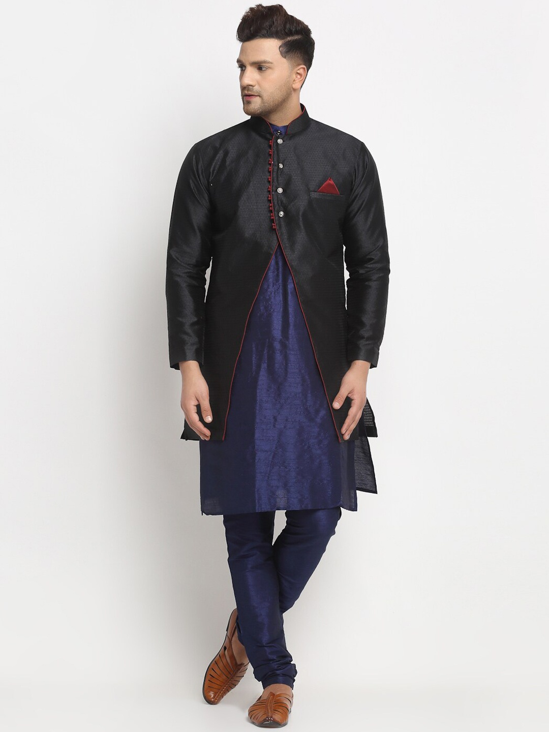 

Benstoke Men Navy Blue Dupion Silk Kurta with Churidar