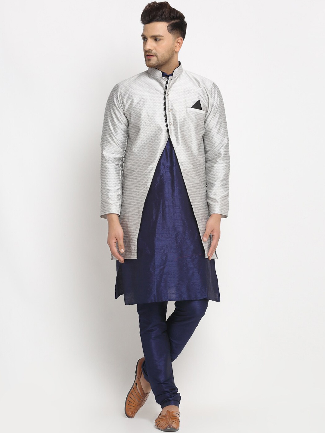 

Benstoke Men Navy Blue Dupion Silk Kurta with Churidar