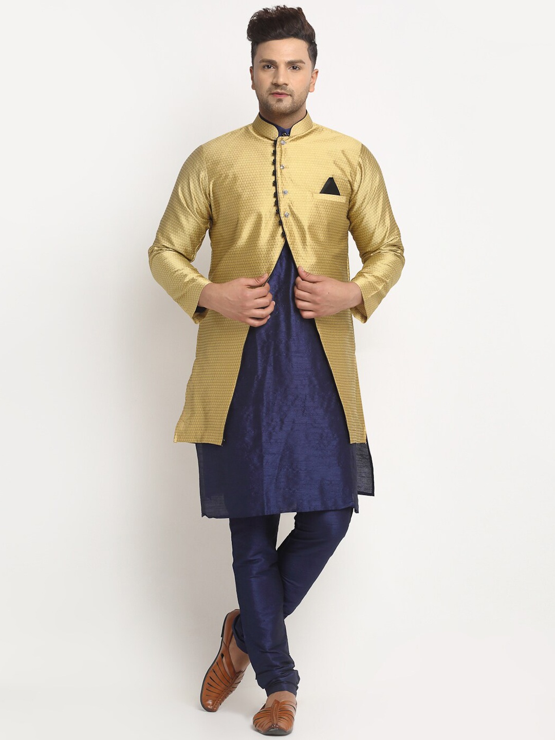 

Benstoke Men Navy Blue Dupion Silk Kurta with Churidar & Jacket