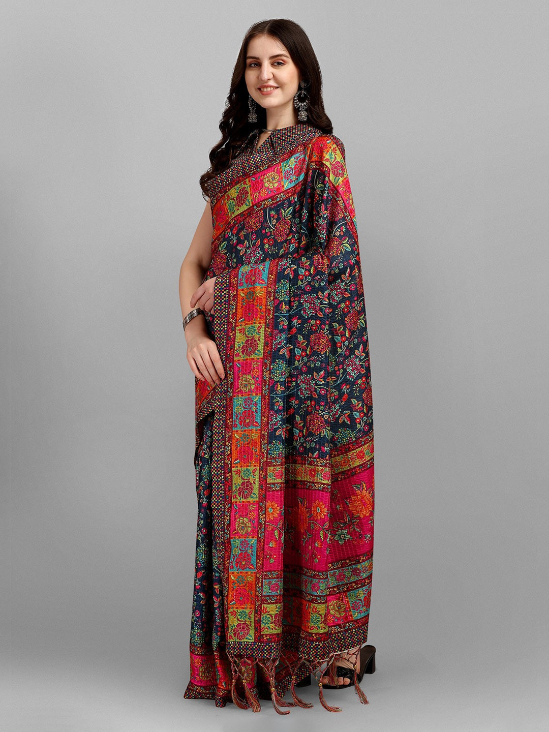 

Fashionuma Red & Blue Floral Printed Silk Saree