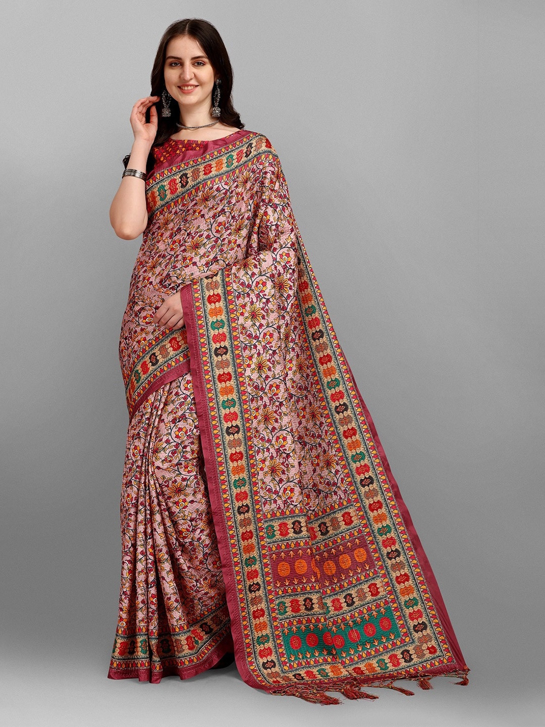 

Fashionuma Pink & Red Ethnic Motifs Pure Silk Saree